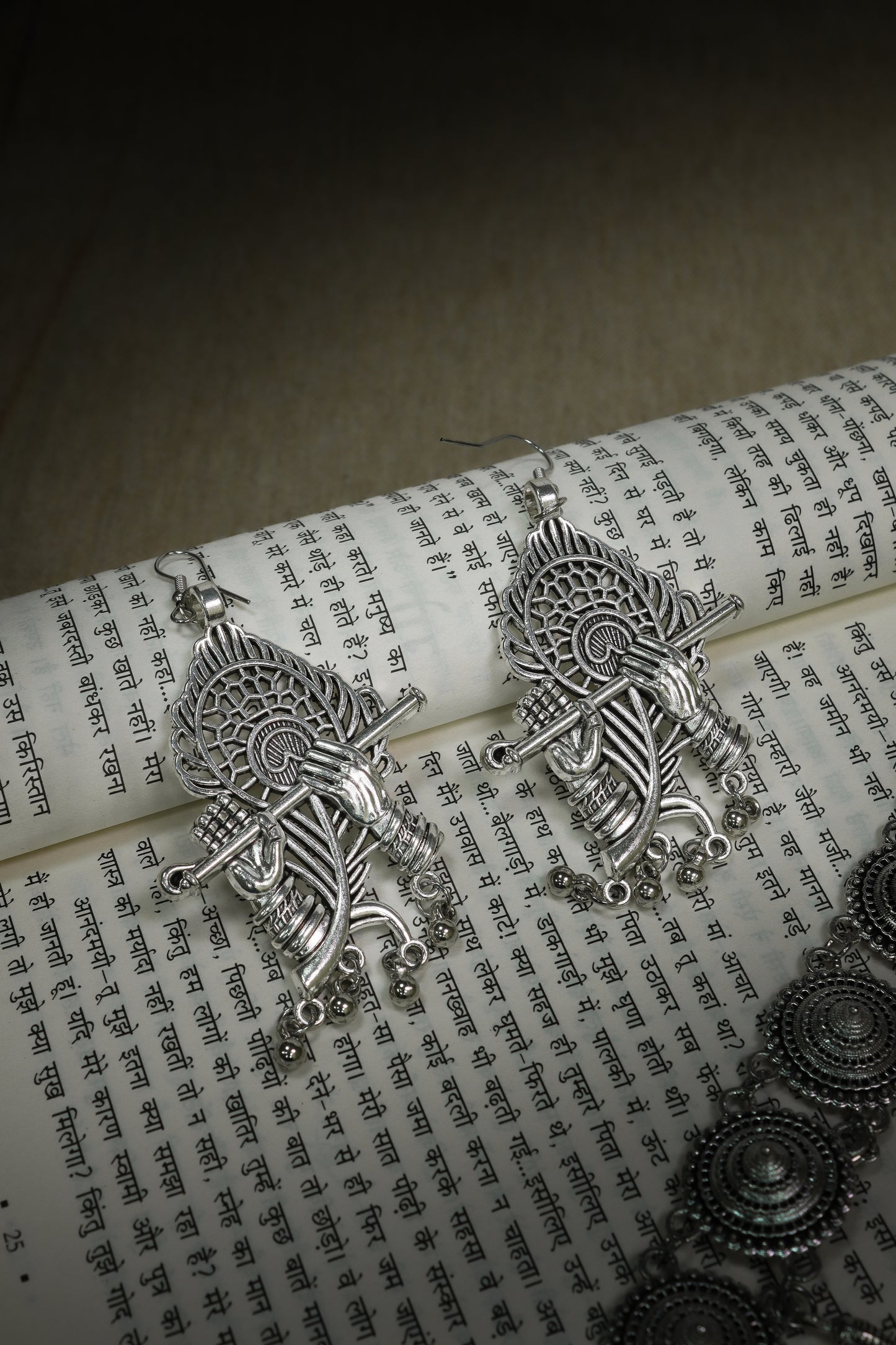 Pratination Divine Krishna Flute Oxidized Silver Statement Earrings