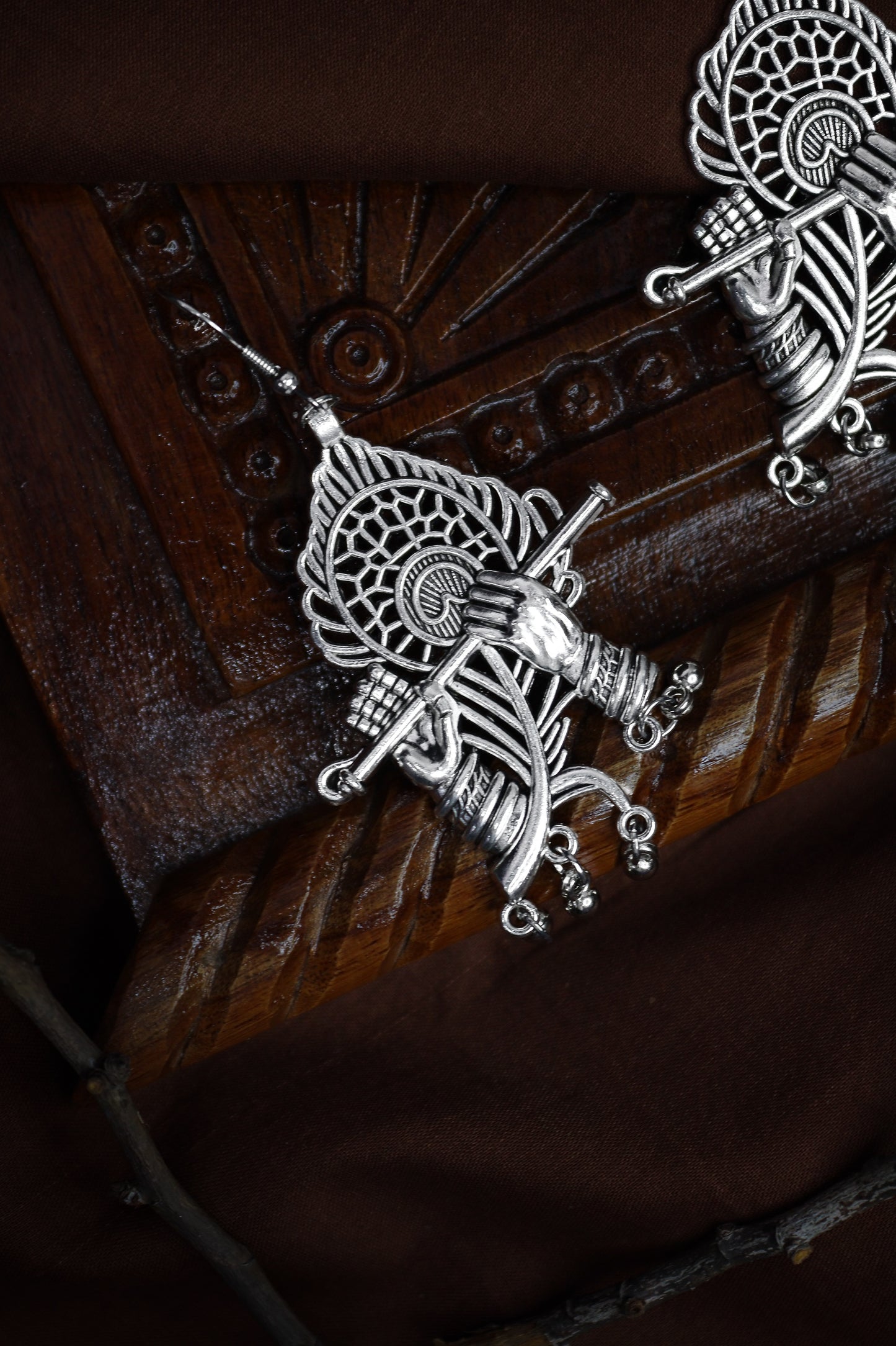 Pratination Divine Krishna Flute Oxidized Silver Statement Earrings