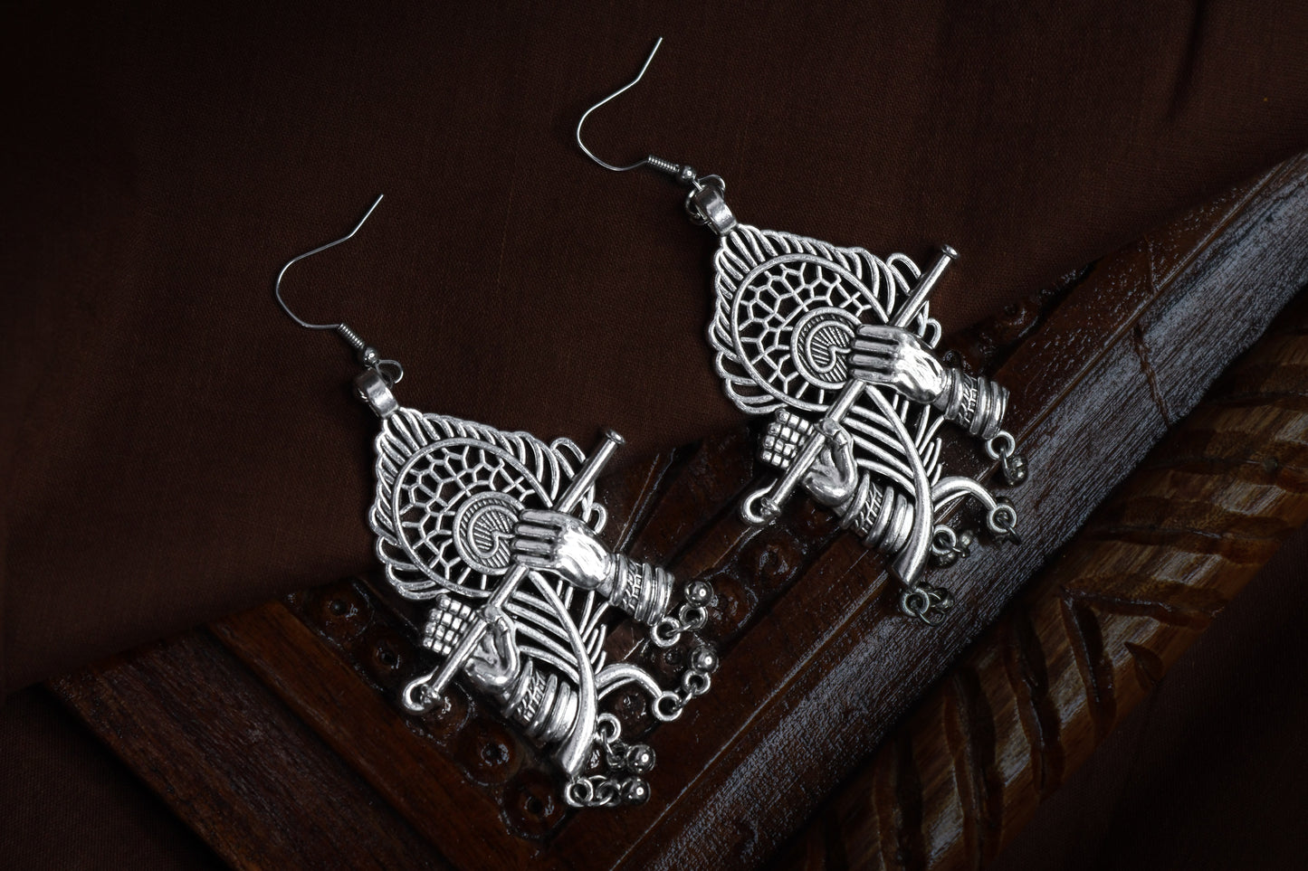 Pratination Divine Krishna Flute Oxidized Silver Statement Earrings