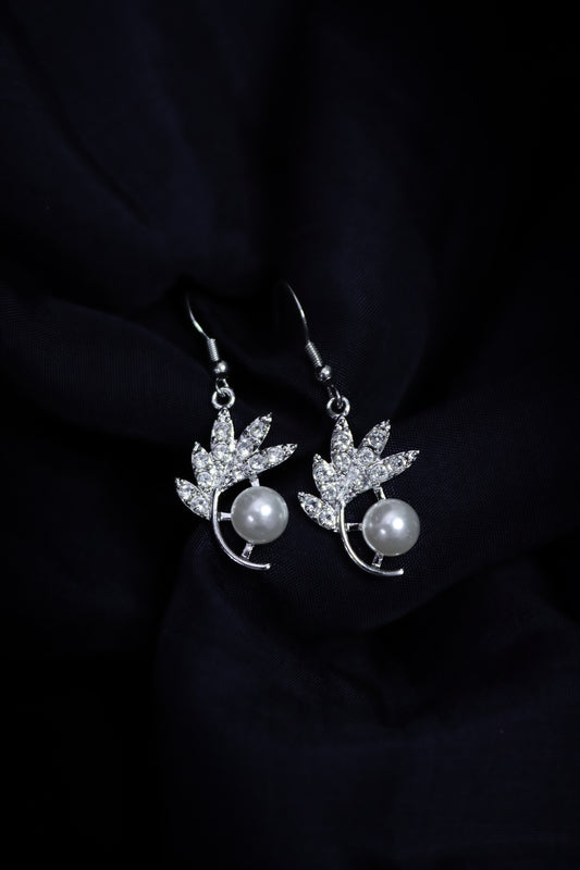 Pratination Elegant Pearl Leaf Drop Earrings – Crystal Embellished Grace for Every Occasion