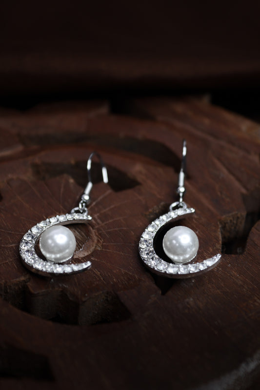 Pratination Moonlight Glow Crescent Earrings – Crystal Moon with Pearl Drop