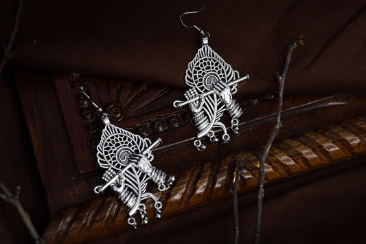 Pratination Divine Krishna Flute Oxidized Silver Statement Earrings