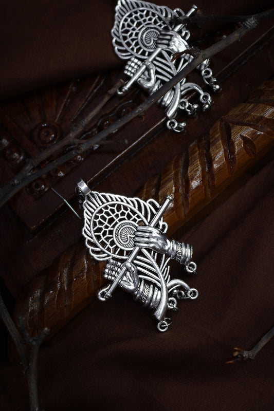 Pratination Divine Krishna Flute Oxidized Silver Statement Earrings